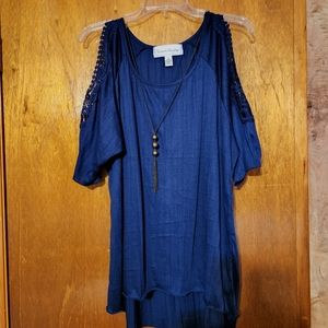 French Laundry Navy Blue Cold-Shoulder Crochet Sleeve Blouse